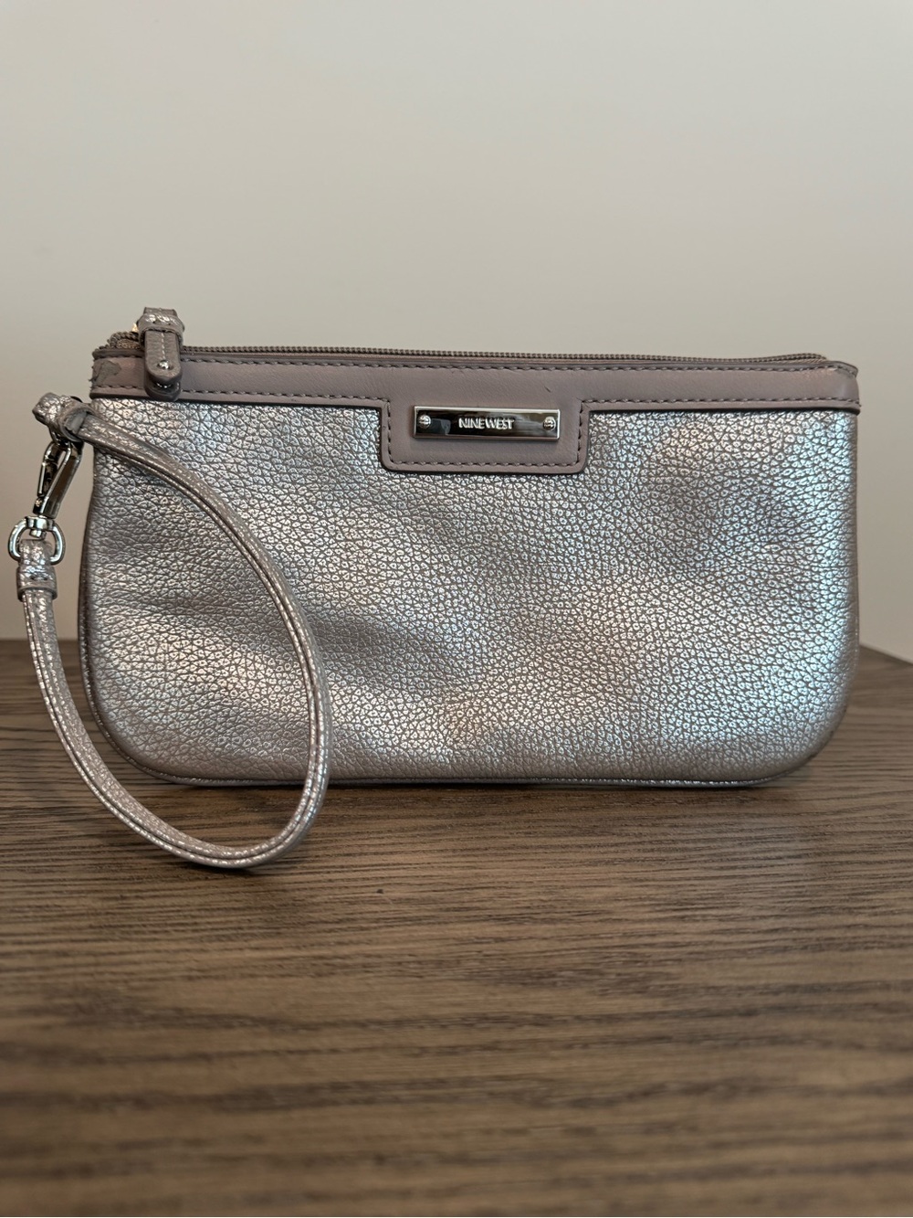 Nine West | Metallic Silver Pebbled Leather Wristlet Clutch Animal Print